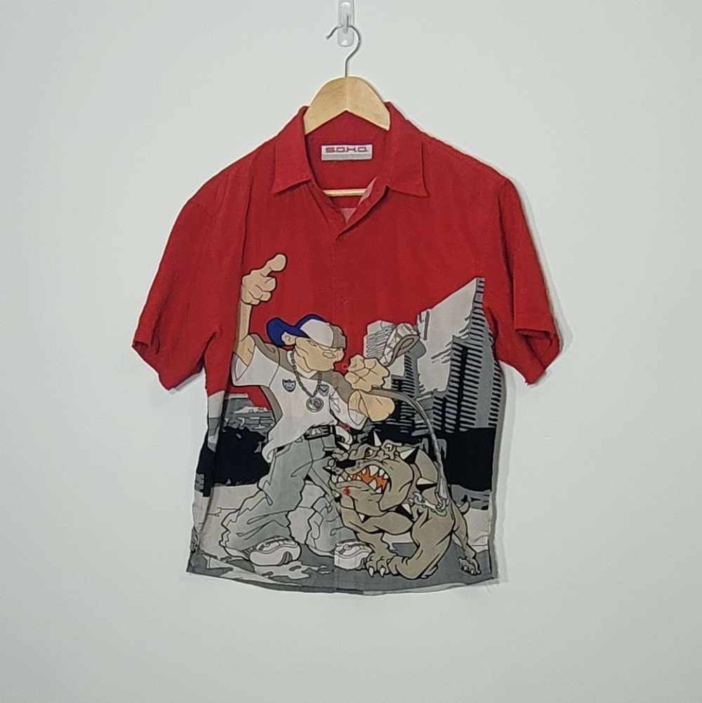 S.O.H.O. Jeans Vintage Rare 90s Graphic Button Down Collar Shirts - Picture 7 of 10